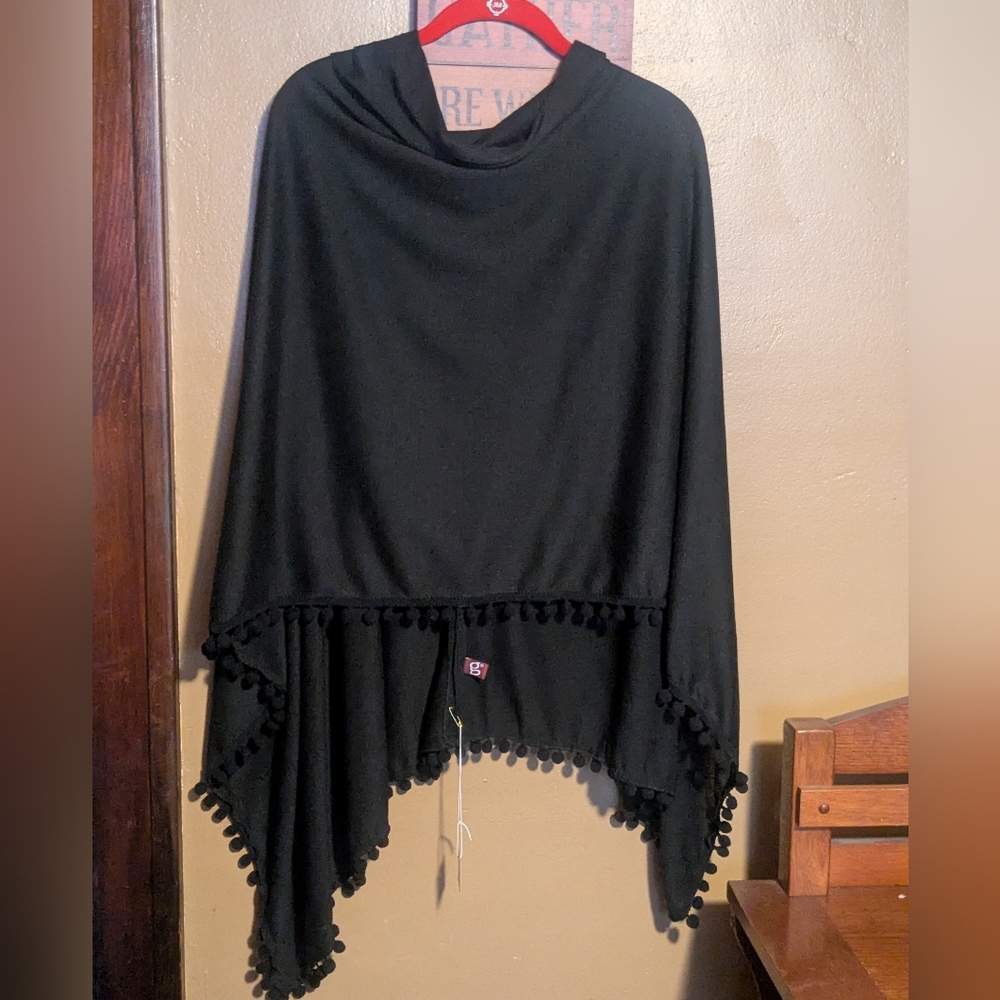 Black Poncho with Pom-Pom Trim Women's